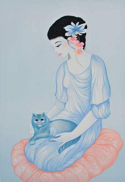 Mara TRAN-LONG : Geisha et son chat, Lithographie originale signée