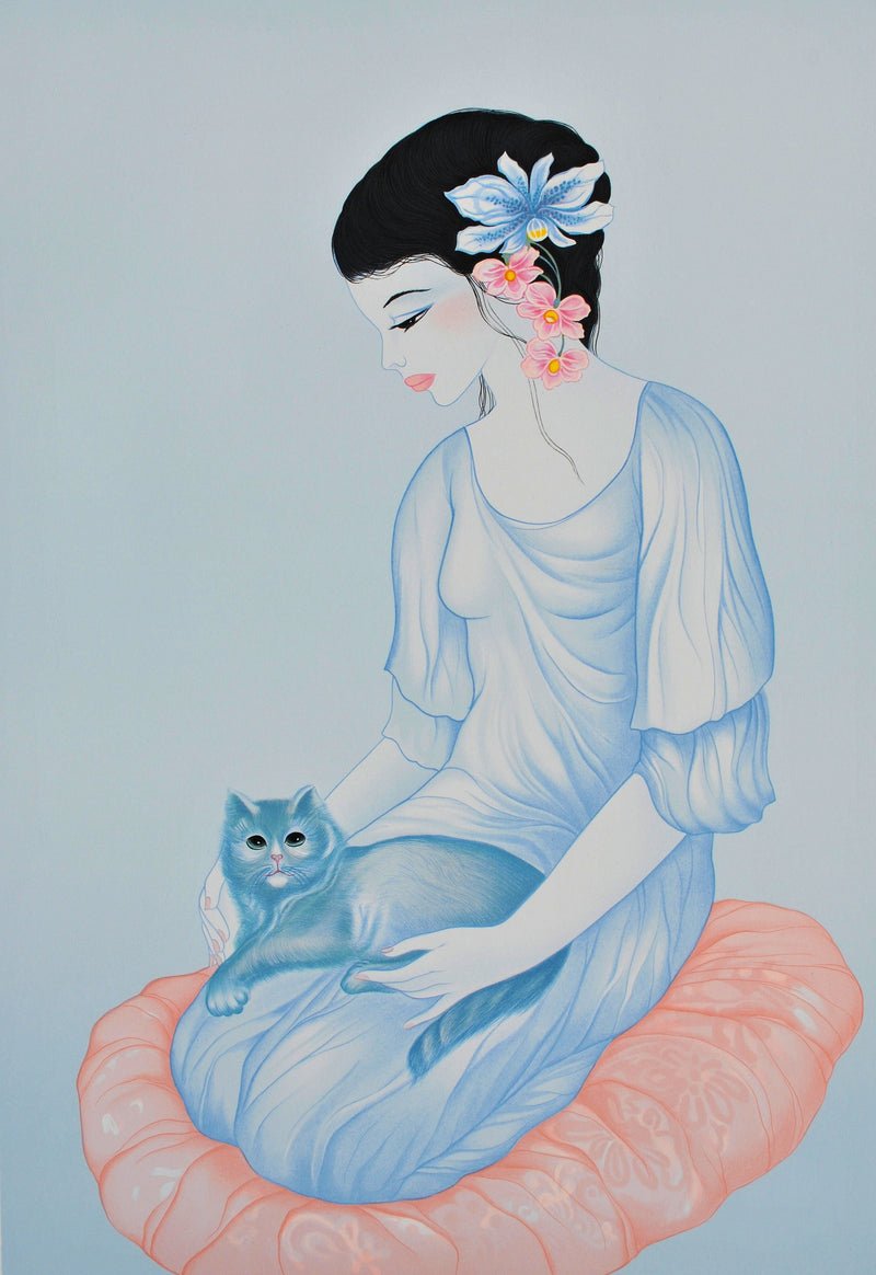 Mara TRAN LONG : Geisha et son chat, Lithographie originale (photo de détail 2) - Crédit photo : Galerie Art.Paris