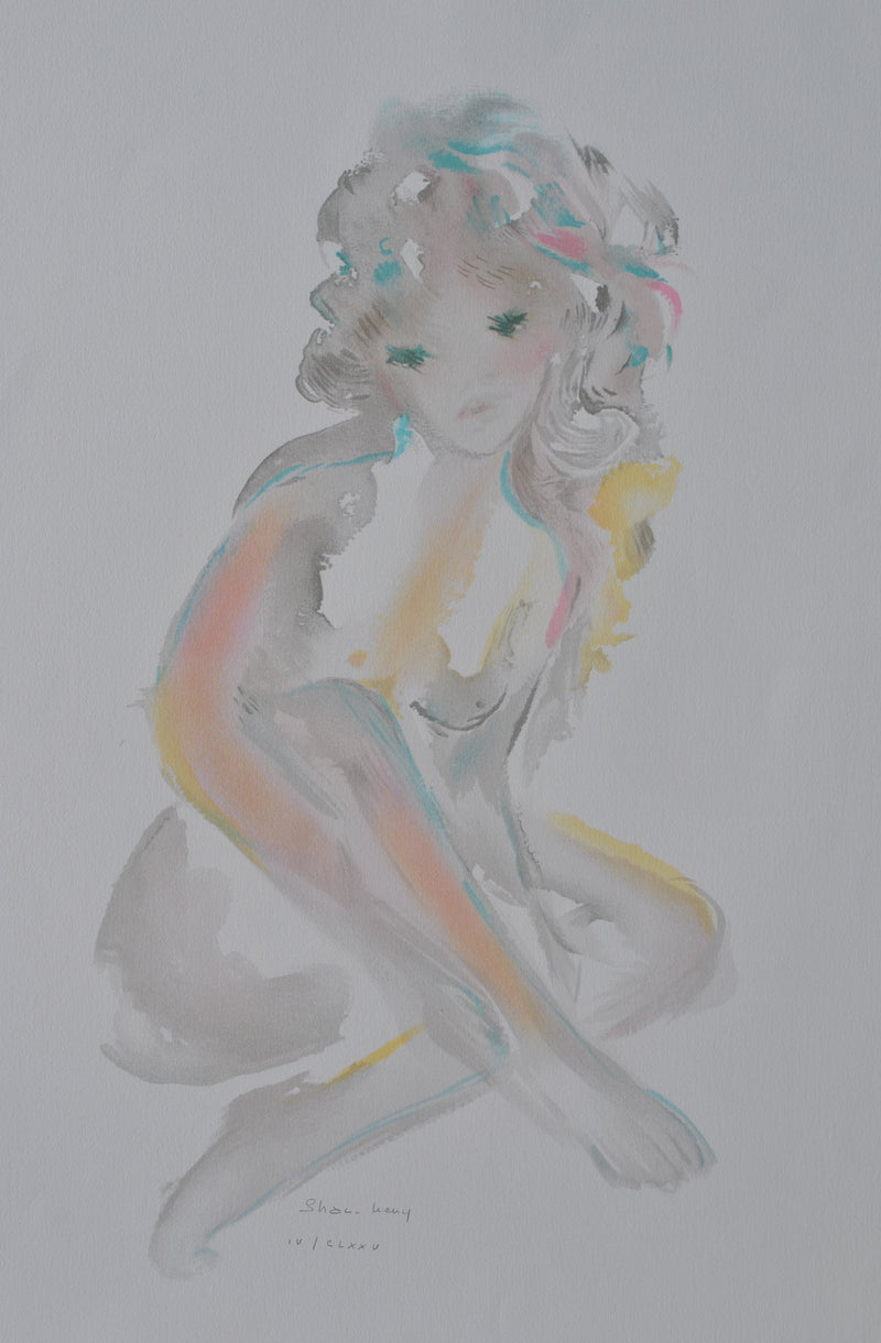 Shan MERRY : Jeune fille accroupie, Lithographie originale (photo de détail 2) - Crédit photo : Galerie Art.Paris