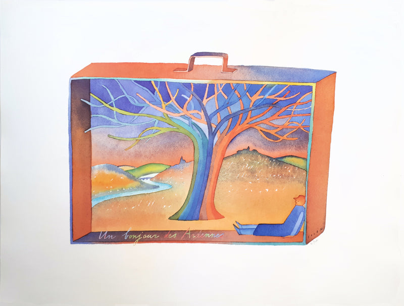 Jean-Michel FOLON : Voyage en valise : Un bonjour des Ardennes, Lithographie originale (vue générale) - Crédit photo : Galerie Art.Paris