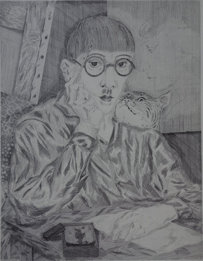 Léonard Tsuguharu FOUJITA : Autoportrait au chat, Gravure originale signée