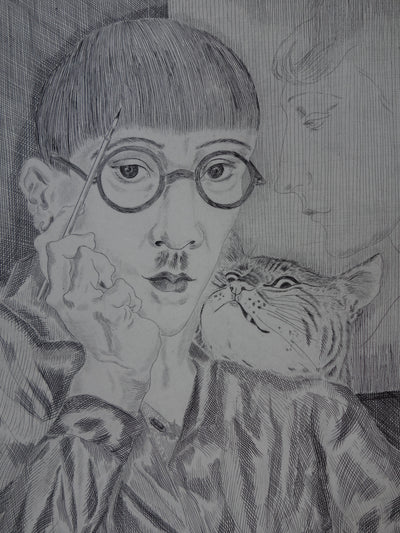 Léonard Tsuguharu FOUJITA : Autoportrait au chat, Gravure originale signée