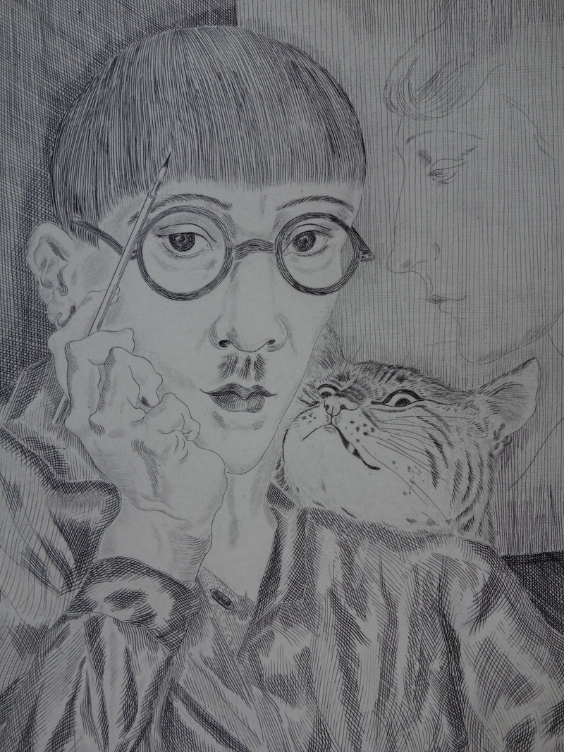 Léonard Tsuguharu FOUJITA : Autoportrait au chat, Gravure originale signée