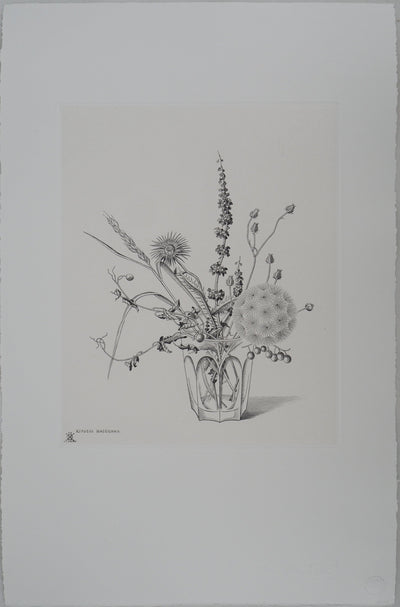 Kiyoshi HASEGAWA : Fleurs des champs dans un verre (automne), Gravure originale (vue générale) - Crédit photo : Galerie Art.Paris