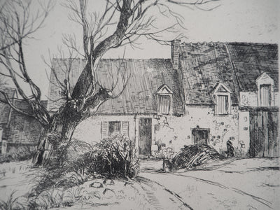Eugène CORNEAU : La ferme (La maison aux têtards), Gravure originale (photo de détail 4) - Crédit photo : Galerie Art.Paris