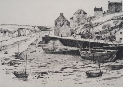 Eugène CORNEAU : Bretagne : le port à marée basse, Gravure originale (photo de détail 2) - Crédit photo : Galerie Art.Paris