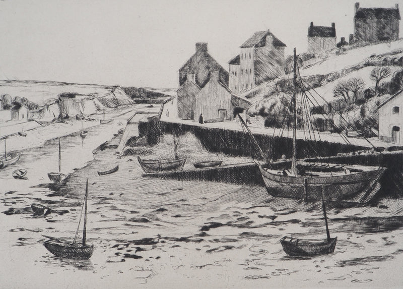Eugène CORNEAU : Bretagne : le port à marée basse, Gravure originale (photo de détail 2) - Crédit photo : Galerie Art.Paris