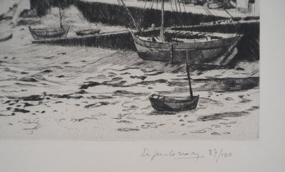 Eugène CORNEAU : Bretagne : le port à marée basse, Gravure originale (photo de détail 3) - Crédit photo : Galerie Art.Paris