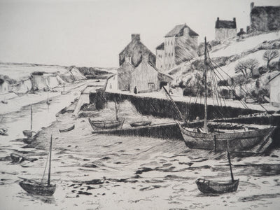 Eugène CORNEAU : Bretagne : le port à marée basse, Gravure originale (photo de détail 5) - Crédit photo : Galerie Art.Paris