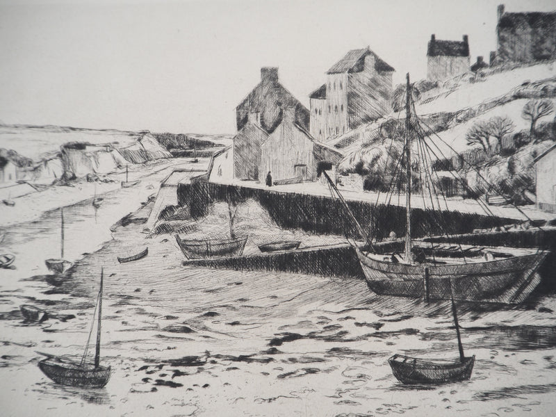 Eugène CORNEAU : Bretagne : le port à marée basse, Gravure originale (photo de détail 5) - Crédit photo : Galerie Art.Paris