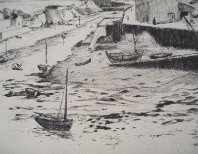 Eugène CORNEAU : Bretagne : le port à marée basse, Gravure originale (photo de détail 4) - Crédit photo : Galerie Art.Paris
