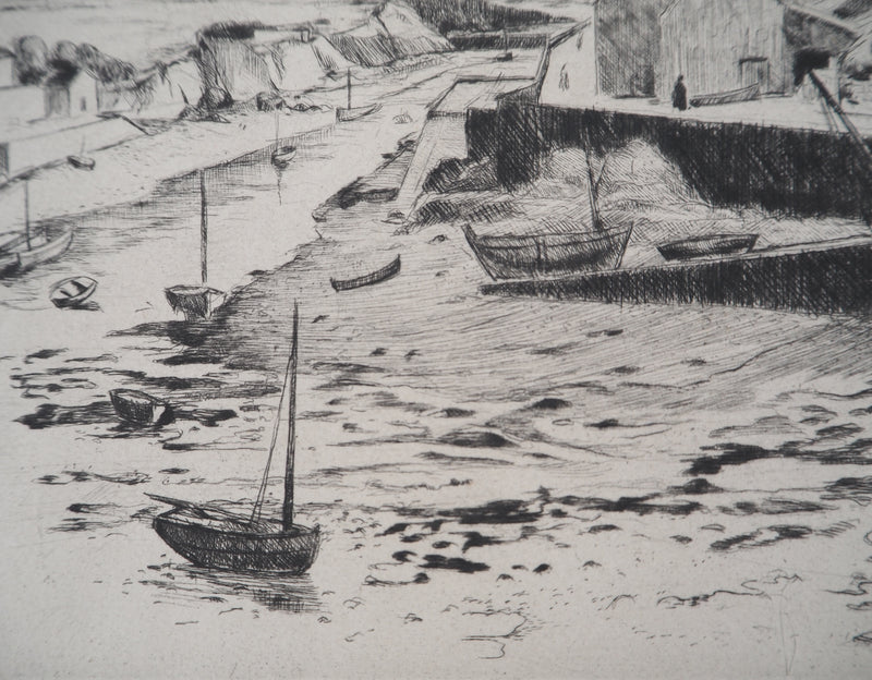 Eugène CORNEAU : Bretagne : le port à marée basse, Gravure originale (photo de détail 4) - Crédit photo : Galerie Art.Paris