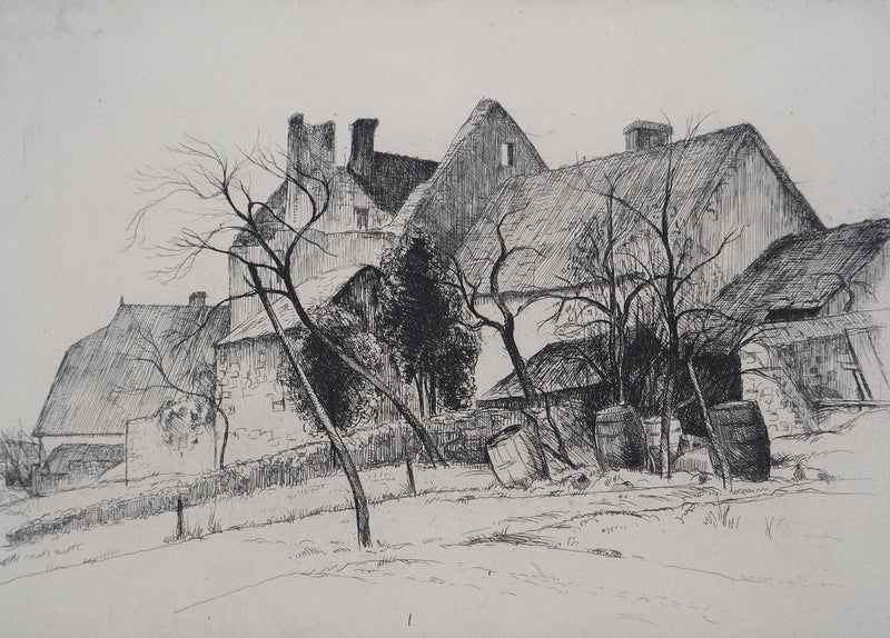 Eugène CORNEAU : Village rustique (Le vieux pignon), Gravure originale (photo de détail 5) - Crédit photo : Galerie Art.Paris