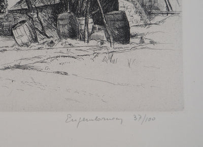 Eugène CORNEAU : Village rustique (Le vieux pignon), Gravure originale (photo de détail 3) - Crédit photo : Galerie Art.Paris
