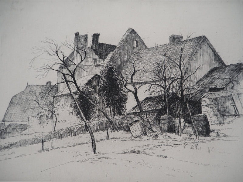 Eugène CORNEAU : Village rustique (Le vieux pignon), Gravure originale (photo de détail 2) - Crédit photo : Galerie Art.Paris