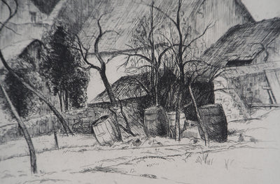 Eugène CORNEAU : Village rustique (Le vieux pignon), Gravure originale (photo de détail 4) - Crédit photo : Galerie Art.Paris