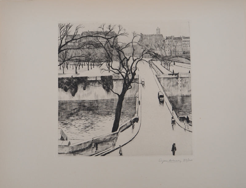 Eugène CORNEAU : Paris, le Petit pont, Gravure originale (vue générale) - Crédit photo : Galerie Art.Paris