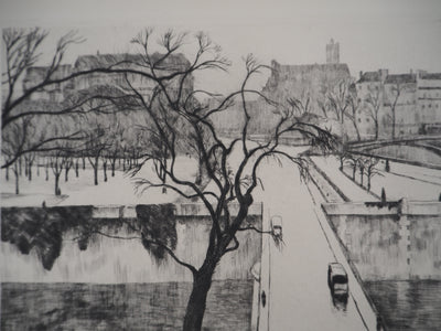 Eugène CORNEAU : Paris, le Petit pont, Gravure originale (photo de détail 4) - Crédit photo : Galerie Art.Paris