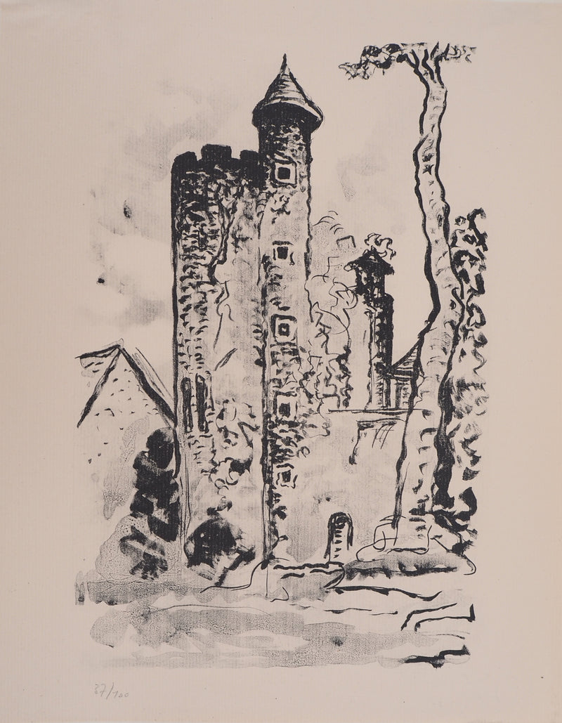 Lucien MAINSSIEUX : Le donjon médiéval, Lithographie originale (vue générale) - Crédit photo : Galerie Art.Paris