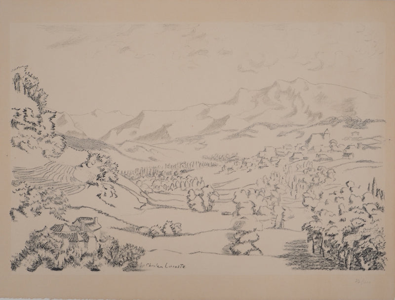 Charles LACOSTE : La vallée de Monein dans les Pyrénées, Lithographie originale (vue générale) - Crédit photo : Galerie Art.Paris