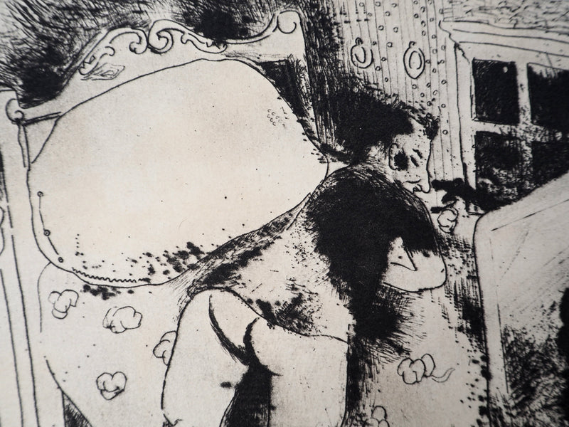 Marc CHAGALL : Tchitchikov sur le lit (Les Âmes mortes), Gravure originale (photo de détail 3) - Crédit photo : Galerie Art.Paris