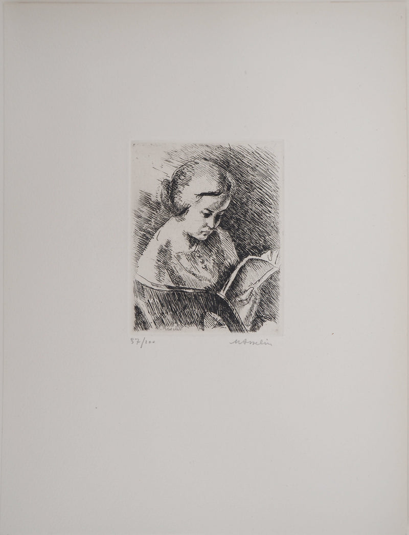 Maurice ASSELIN : Portrait, Jeune fille lisant, Gravure originale (photo de détail 3) - Crédit photo : Galerie Art.Paris