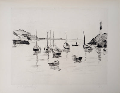 Pierre-Eugène CLAIRIN : Bretagne, Marine et barques à Doëlan, Gravure originale (vue générale) - Crédit photo : Galerie Art.Paris