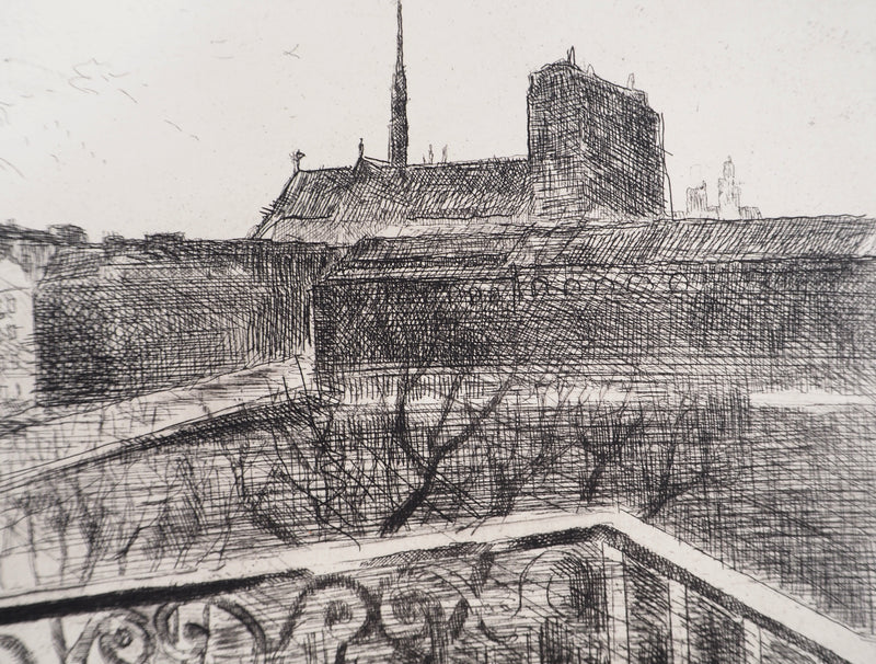 Pierre-Eugène CLAIRIN : Paris, Vue sur Notre-Dame, Gravure originale (photo de détail 5) - Crédit photo : Galerie Art.Paris