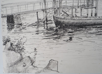 Bernard GANTNER : Bretagne : Barque au ponton, Dessin original (photo de détail 3) - Crédit photo : Galerie Art.Paris