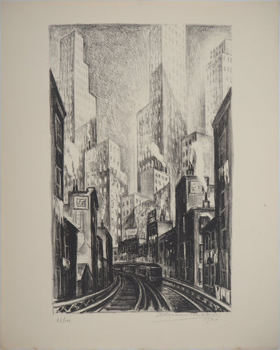 Adriaan LUBBERS : New York : Subway at Chatham square, Lithographie originale (vue générale) - Crédit photo : Galerie Art.Paris