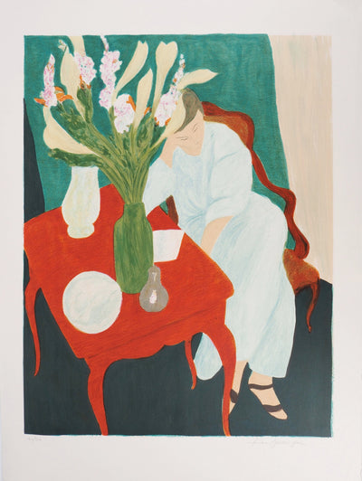 Pierre BONCOMPAIN : Rêverie féminine sous les arums, Lithographie originale (vue générale) - Crédit photo : Galerie Art.Paris