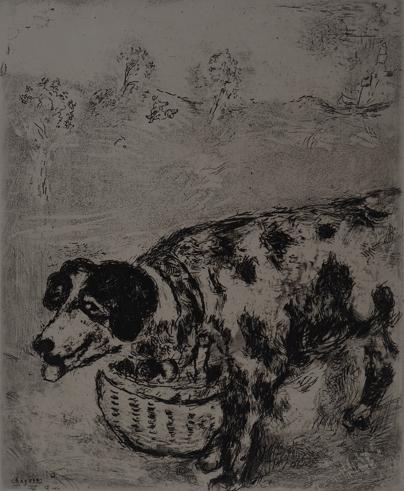 Marc CHAGALL : Le chien au panier (Le chien qui porte à son cou le dîner de son maître), Gravure originale (photo de détail 3) - Crédit photo : Galerie Art.Paris