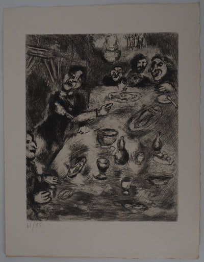 Marc CHAGALL : Le dîner (Le rieur et les poissons), Gravure originale (vue générale) - Crédit photo : Galerie Art.Paris