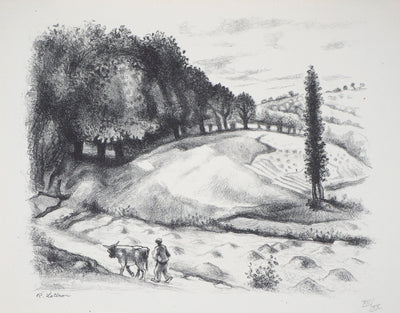 Robert LOTIRON : Homme et vache dans un paysage, Lithographie originale (vue générale) - Crédit photo : Galerie Art.Paris