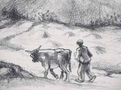 Robert LOTIRON : Homme et vache dans un paysage, Lithographie originale (photo de détail 2) - Crédit photo : Galerie Art.Paris