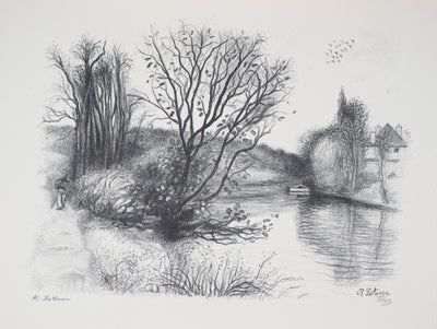 Robert LOTIRON : Migneaux, Ile sur la Seine (Poissy), Lithographie originale (vue générale) - Crédit photo : Galerie Art.Paris