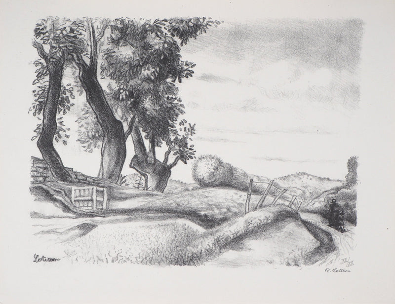 Robert LOTIRON : Paysage en Corrèze (Le Perrier), Lithographie originale (vue générale) - Crédit photo : Galerie Art.Paris