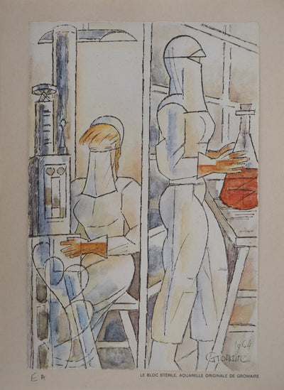 Marcel GROMAIRE : Infirmières au laboratoire, Lithographie originale (vue générale) - Crédit photo : Galerie Art.Paris