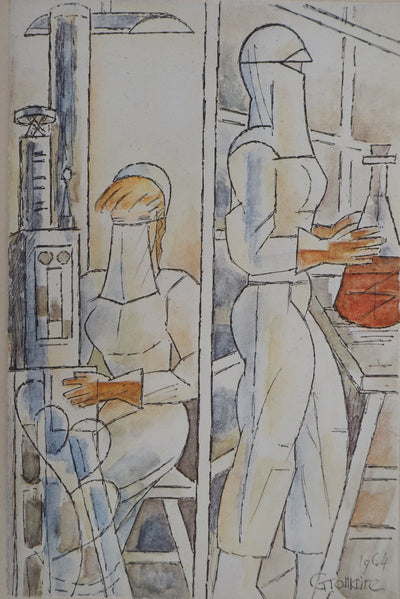 Marcel GROMAIRE : Infirmières au laboratoire, Lithographie originale (photo de détail 2) - Crédit photo : Galerie Art.Paris