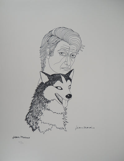 Jean MARAIS : Autoportrait au Husky, Lithographie originale (vue générale) - Crédit photo : Galerie Art.Paris