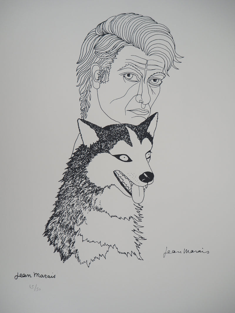 Jean MARAIS : Autoportrait au Husky, Lithographie originale (photo de détail 2) - Crédit photo : Galerie Art.Paris