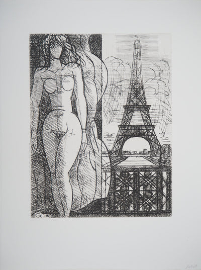 Kiyoshi HASEGAWA : Nu à la Tour Eiffel, Gravure originale (vue générale) - Crédit photo : Galerie Art.Paris