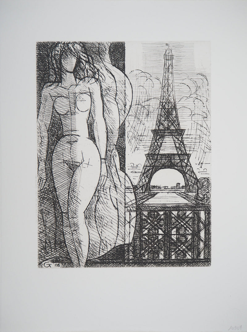 Kiyoshi HASEGAWA : Nu à la Tour Eiffel, Gravure originale (vue générale) - Crédit photo : Galerie Art.Paris