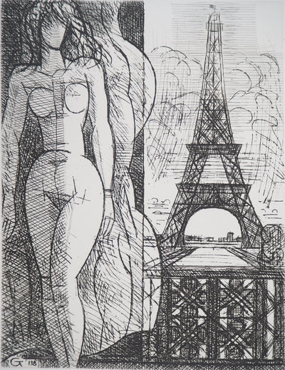 Kiyoshi HASEGAWA : Nu à la Tour Eiffel, Gravure originale (photo de détail 2) - Crédit photo : Galerie Art.Paris