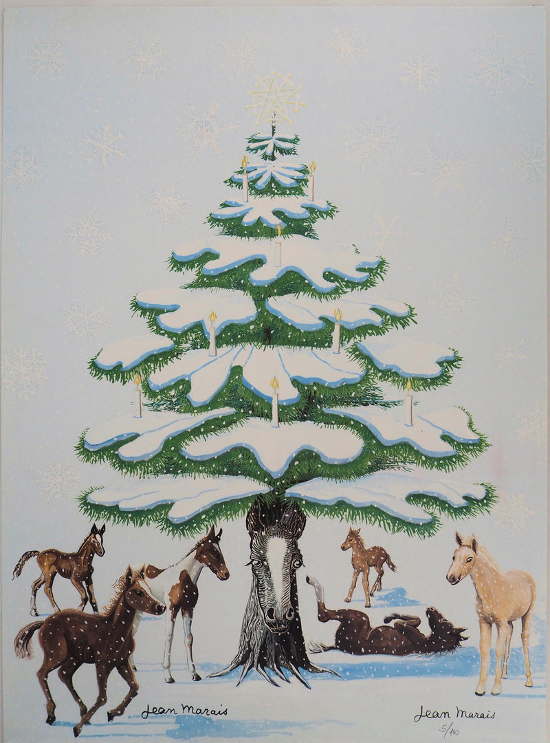 Jean MARAIS : Sapin de Noel enneigé et Chevaux, Lithographie signée