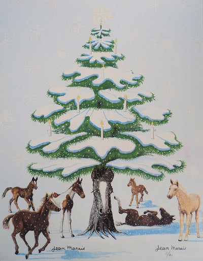 Jean MARAIS : Sapin de Noel enneigé et Chevaux, Lithographie signée