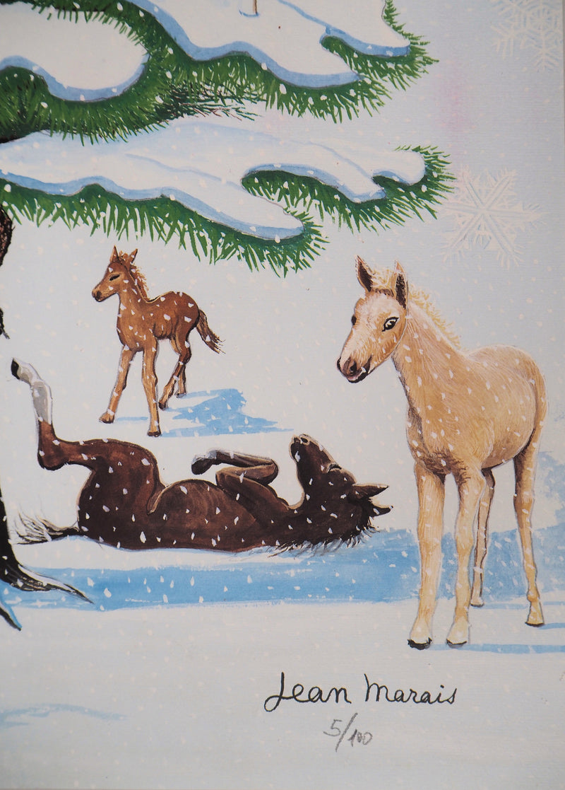 Jean MARAIS : Sapin de Noel enneigé et Chevaux, Lithographie signée