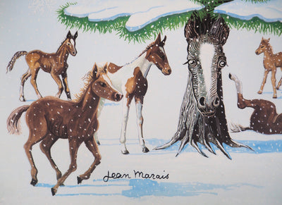 Jean MARAIS : Sapin de Noel enneigé et Chevaux, Lithographie signée