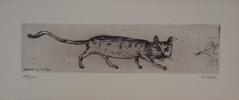 Mordecai MOREH : Le chat et la souris, Gravure originale Signée