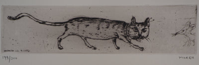 Mordecai MOREH : Le chat et la souris, Gravure originale Signée